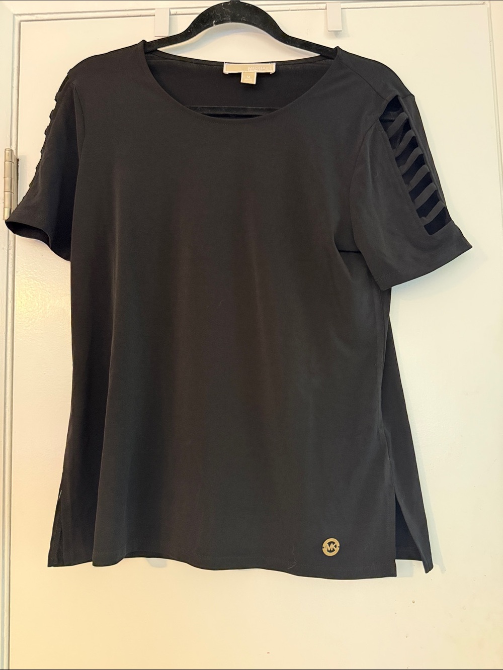 Michael Kors Black Short Sleeve Top with Ladder Cutout Sleeves